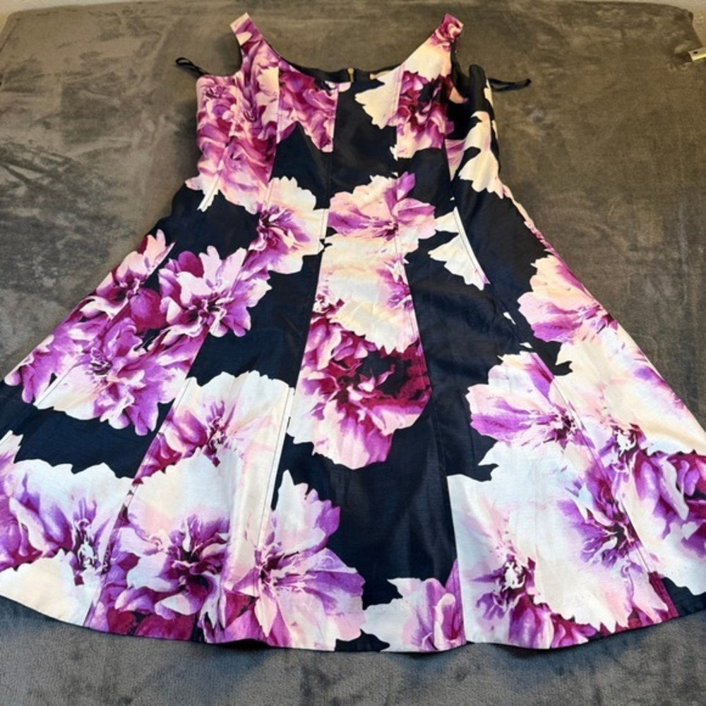 Christopher Blue Floral Fit and Flare Dress Womens Size 16 Purple Black Lined